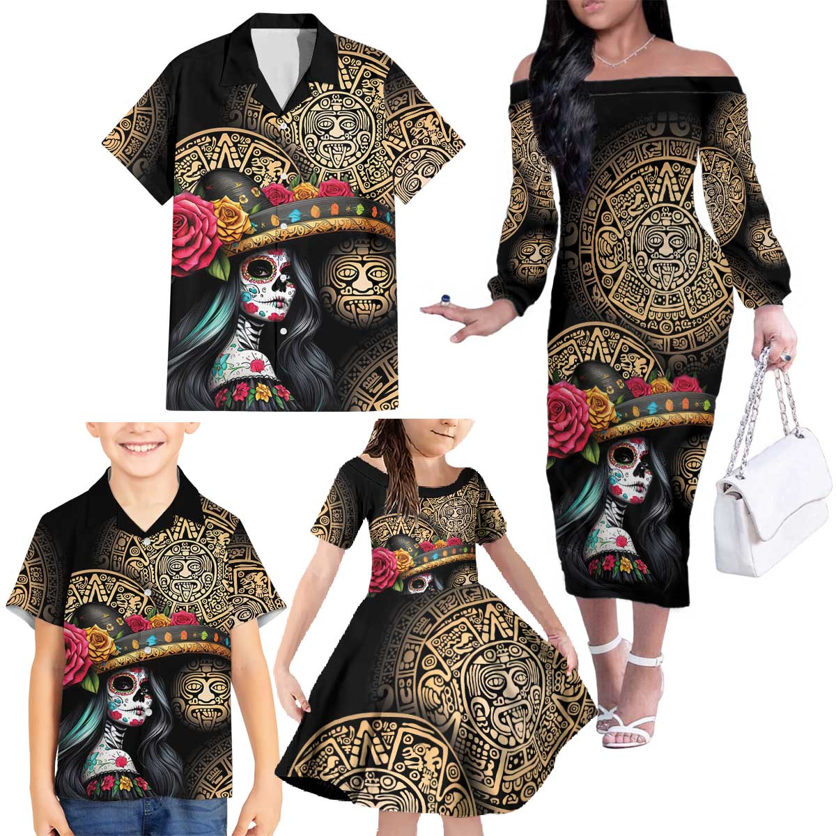 La Calavera Catrina Aztec Circle Family Matching Off The Shoulder Long Sleeve Dress and Hawaiian Shirt Dia de Muertos - Wonder Print Shop