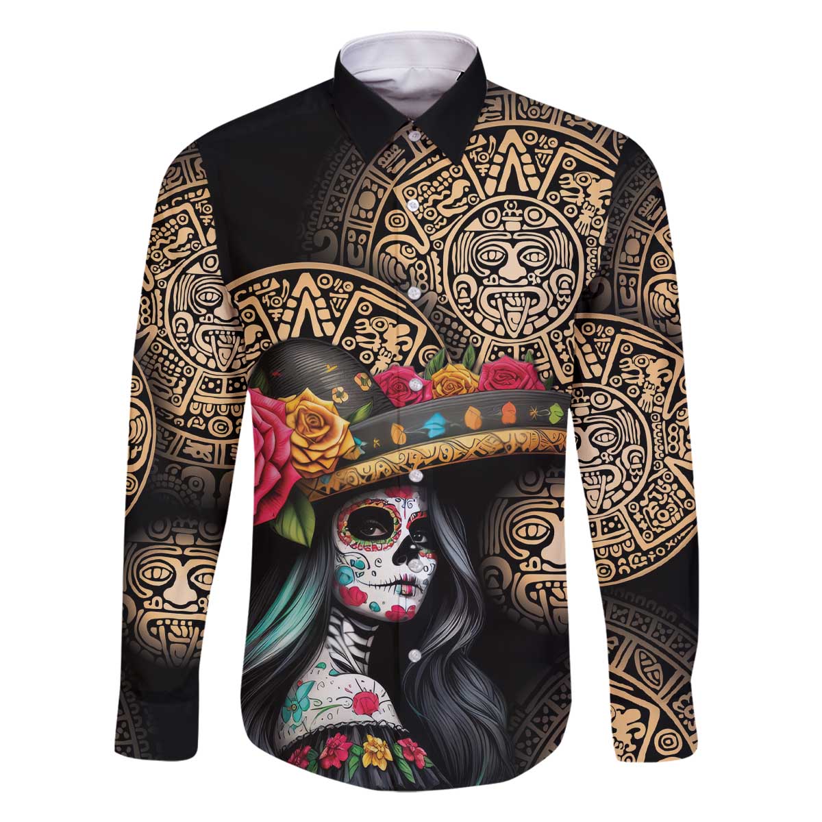 La Calavera Catrina Aztec Circle Family Matching Off The Shoulder Long Sleeve Dress and Hawaiian Shirt Dia de Muertos - Wonder Print Shop