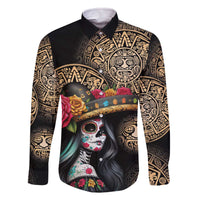 La Calavera Catrina Aztec Circle Family Matching Off The Shoulder Long Sleeve Dress and Hawaiian Shirt Dia de Muertos - Wonder Print Shop