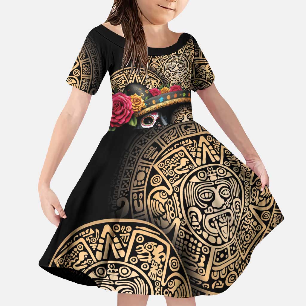 La Calavera Catrina Aztec Circle Family Matching Off Shoulder Maxi Dress and Hawaiian Shirt Dia de Muertos - Wonder Print Shop
