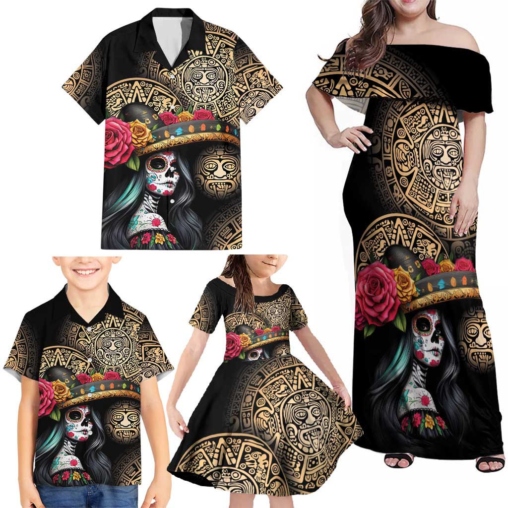 La Calavera Catrina Aztec Circle Family Matching Off Shoulder Maxi Dress and Hawaiian Shirt Dia de Muertos - Wonder Print Shop