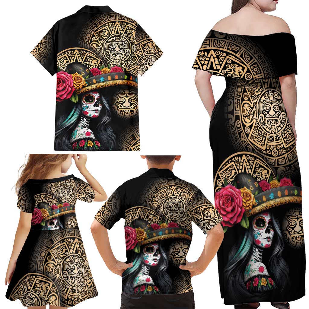 La Calavera Catrina Aztec Circle Family Matching Off Shoulder Maxi Dress and Hawaiian Shirt Dia de Muertos - Wonder Print Shop