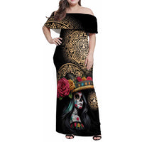 La Calavera Catrina Aztec Circle Family Matching Off Shoulder Maxi Dress and Hawaiian Shirt Dia de Muertos - Wonder Print Shop