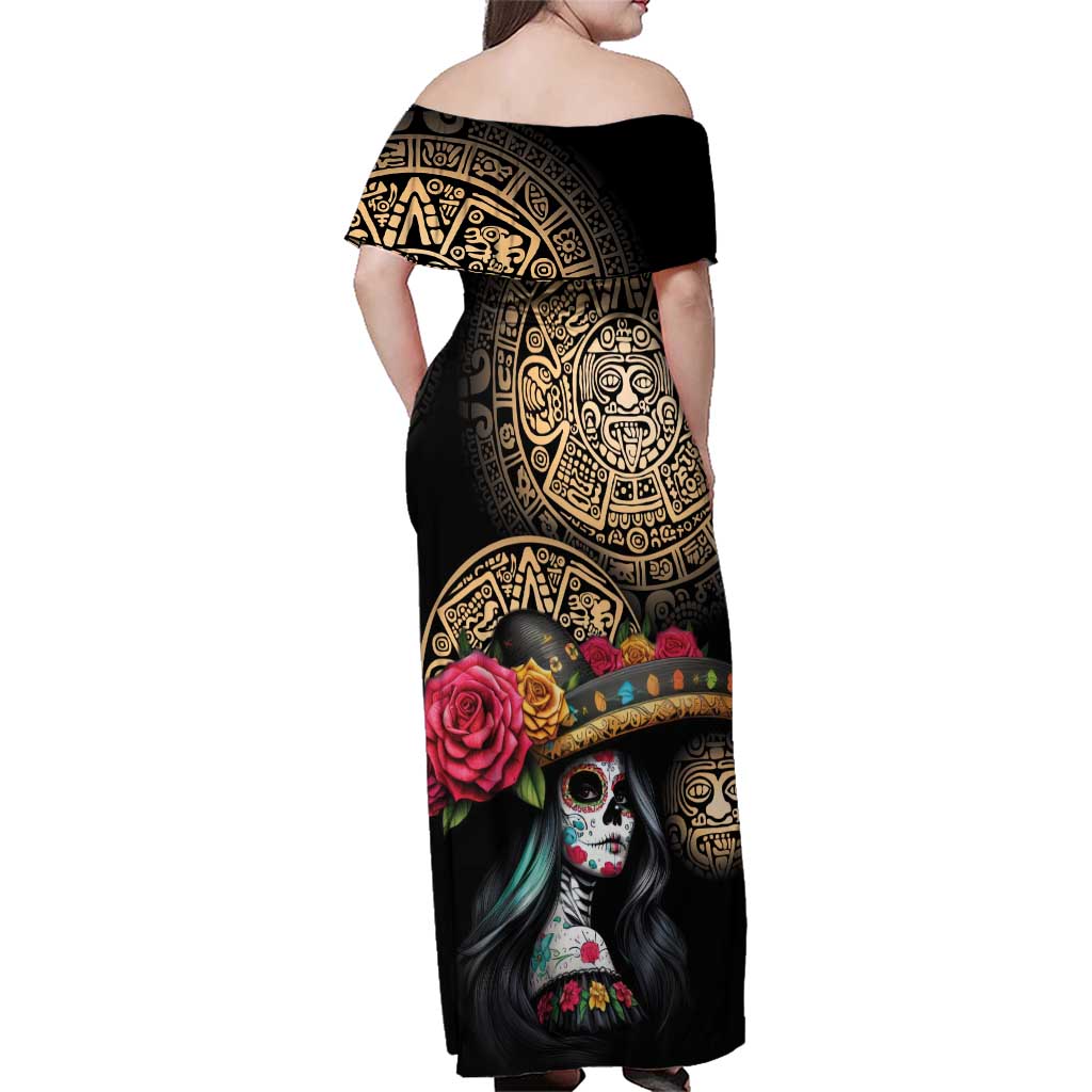 La Calavera Catrina Aztec Circle Family Matching Off Shoulder Maxi Dress and Hawaiian Shirt Dia de Muertos - Wonder Print Shop