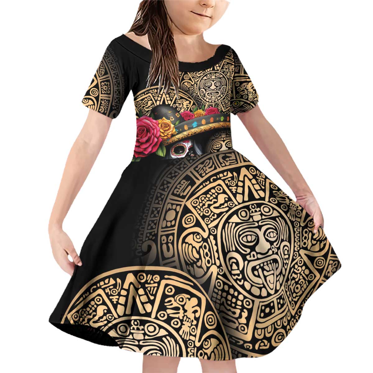 La Calavera Catrina Aztec Circle Family Matching Off Shoulder Short Dress and Hawaiian Shirt Dia de Muertos - Wonder Print Shop