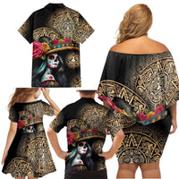 La Calavera Catrina Aztec Circle Family Matching Off Shoulder Short Dress and Hawaiian Shirt Dia de Muertos - Wonder Print Shop