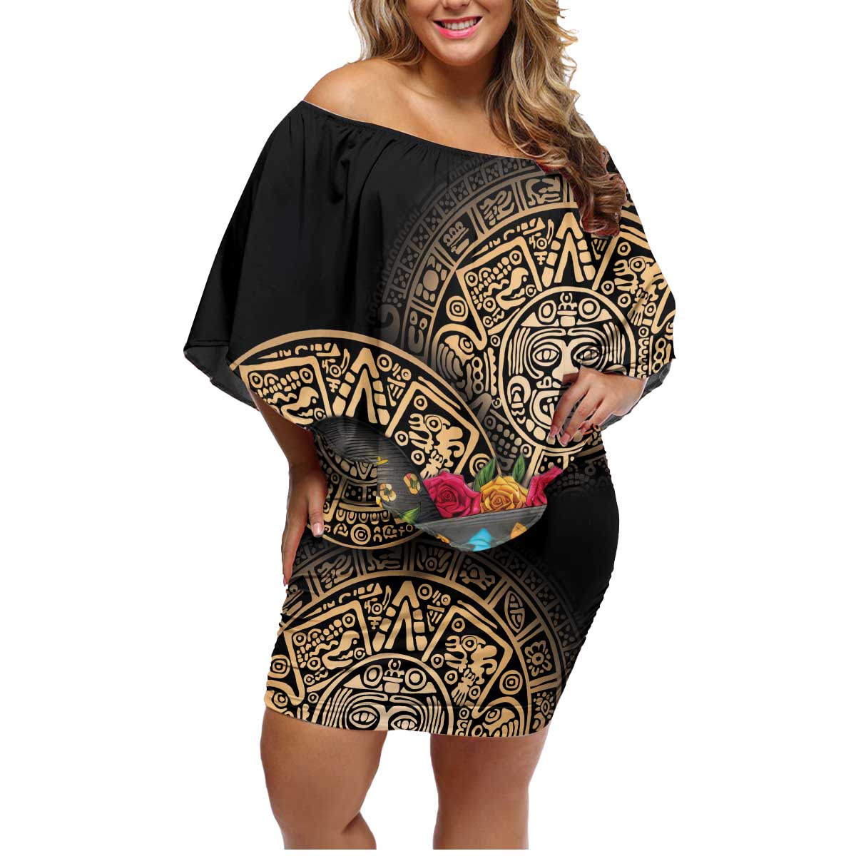 La Calavera Catrina Aztec Circle Family Matching Off Shoulder Short Dress and Hawaiian Shirt Dia de Muertos - Wonder Print Shop