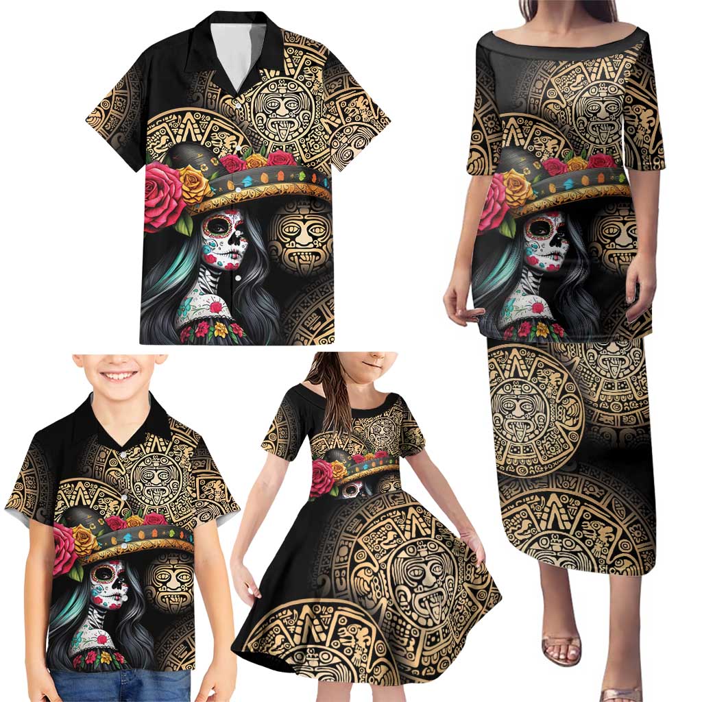 La Calavera Catrina Aztec Circle Family Matching Puletasi and Hawaiian Shirt Dia de Muertos - Wonder Print Shop