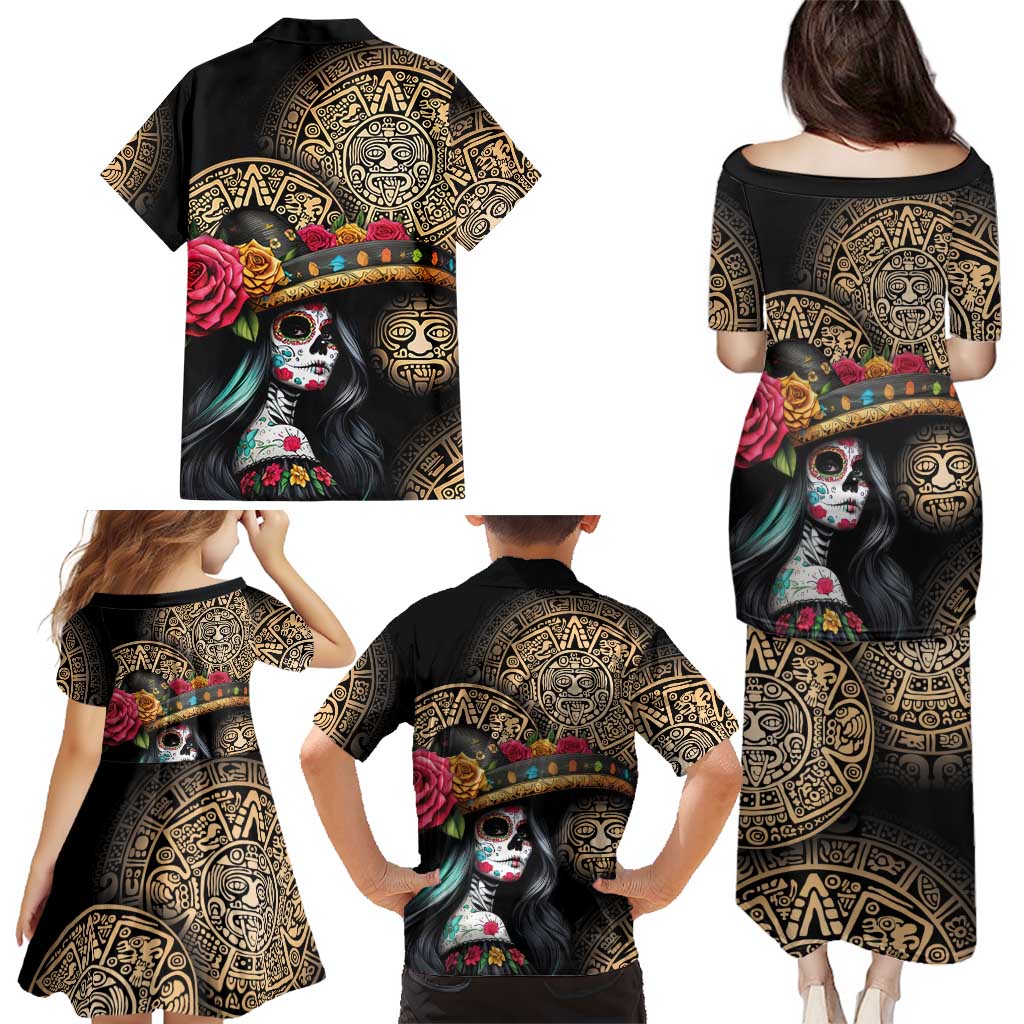 La Calavera Catrina Aztec Circle Family Matching Puletasi and Hawaiian Shirt Dia de Muertos - Wonder Print Shop