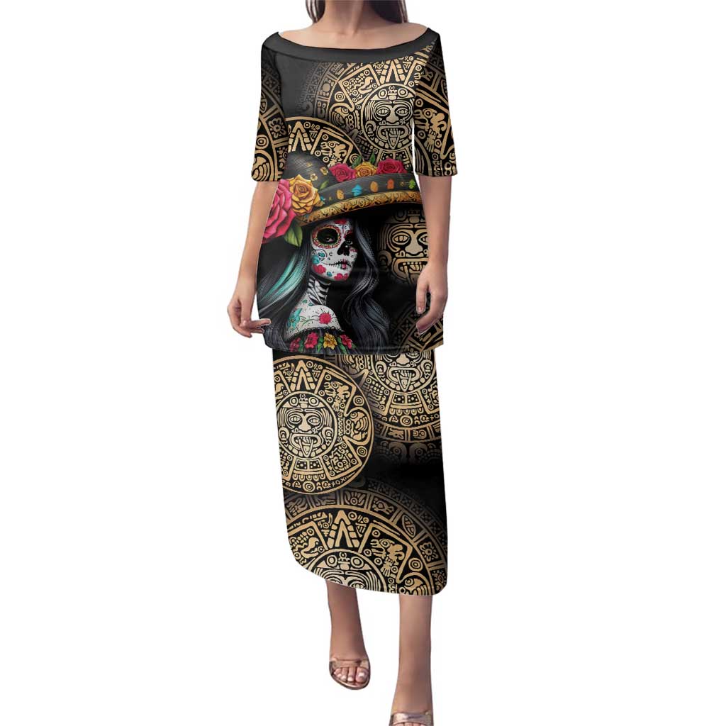 La Calavera Catrina Aztec Circle Family Matching Puletasi and Hawaiian Shirt Dia de Muertos - Wonder Print Shop