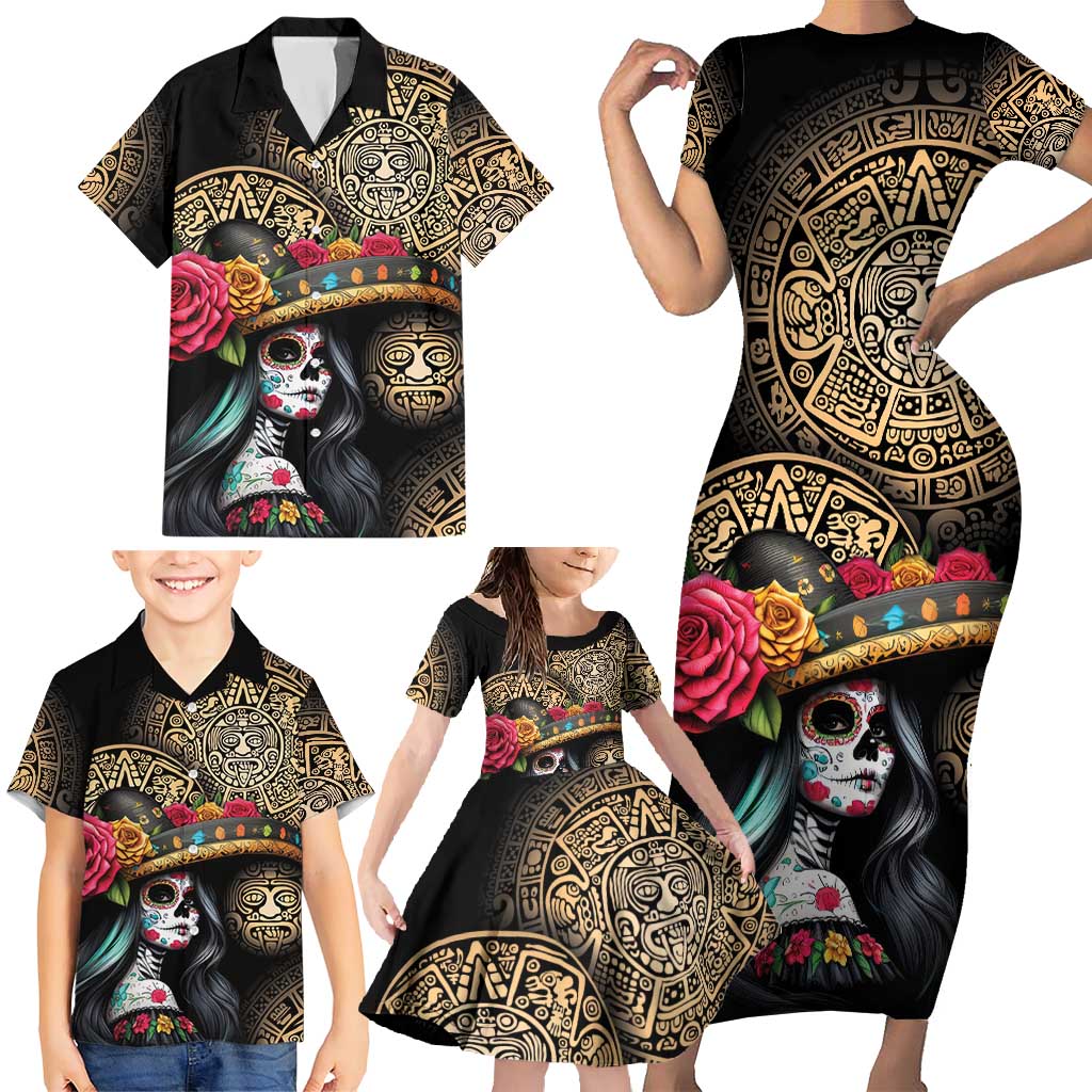 La Calavera Catrina Aztec Circle Family Matching Short Sleeve Bodycon Dress and Hawaiian Shirt Dia de Muertos - Wonder Print Shop