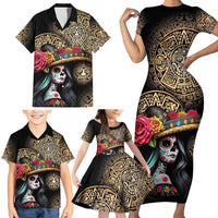 La Calavera Catrina Aztec Circle Family Matching Short Sleeve Bodycon Dress and Hawaiian Shirt Dia de Muertos - Wonder Print Shop