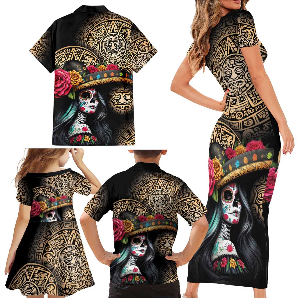 La Calavera Catrina Aztec Circle Family Matching Short Sleeve Bodycon Dress and Hawaiian Shirt Dia de Muertos - Wonder Print Shop