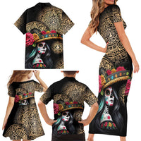 La Calavera Catrina Aztec Circle Family Matching Short Sleeve Bodycon Dress and Hawaiian Shirt Dia de Muertos - Wonder Print Shop