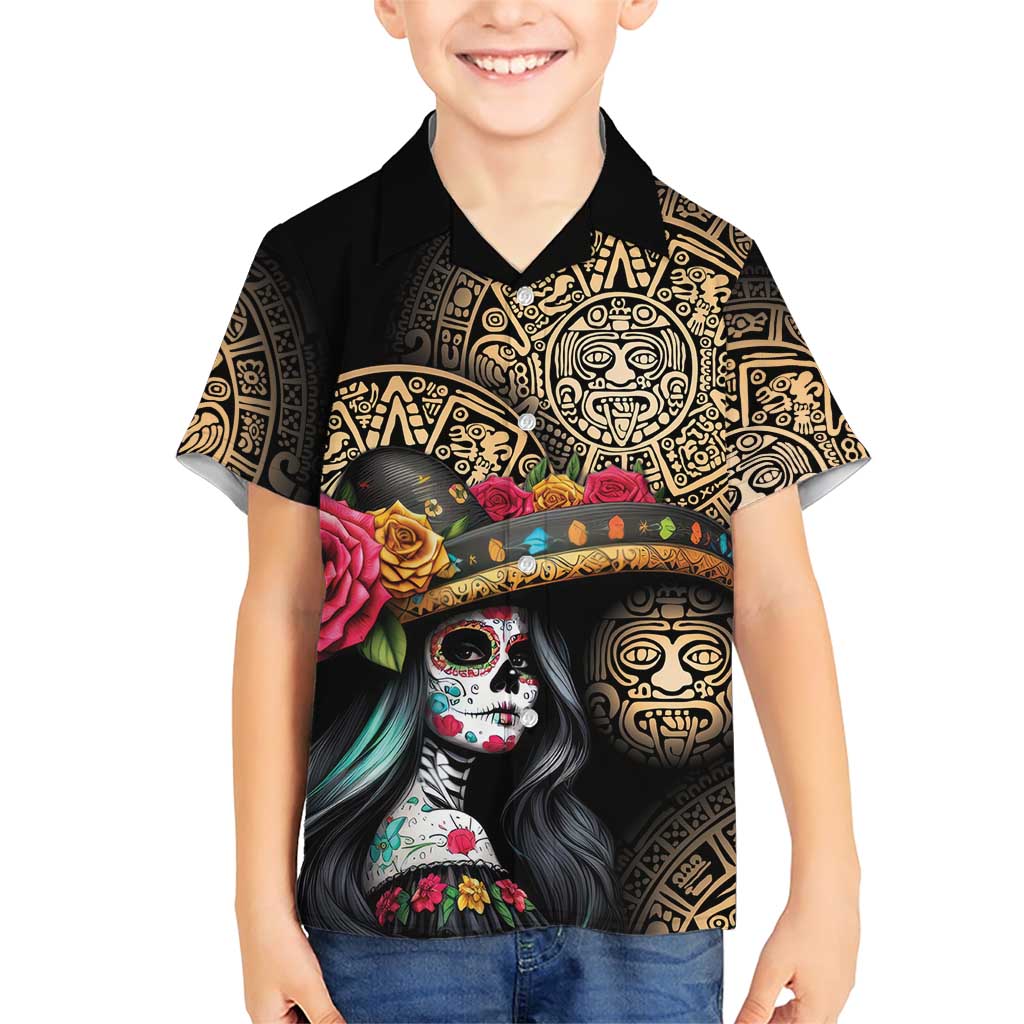 La Calavera Catrina Aztec Circle Family Matching Short Sleeve Bodycon Dress and Hawaiian Shirt Dia de Muertos - Wonder Print Shop