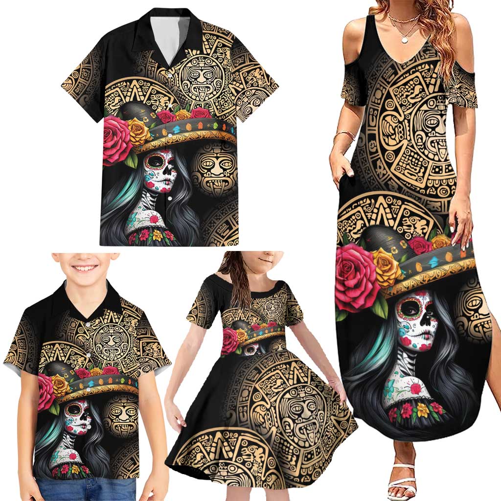 La Calavera Catrina Aztec Circle Family Matching Summer Maxi Dress and Hawaiian Shirt Dia de Muertos - Wonder Print Shop