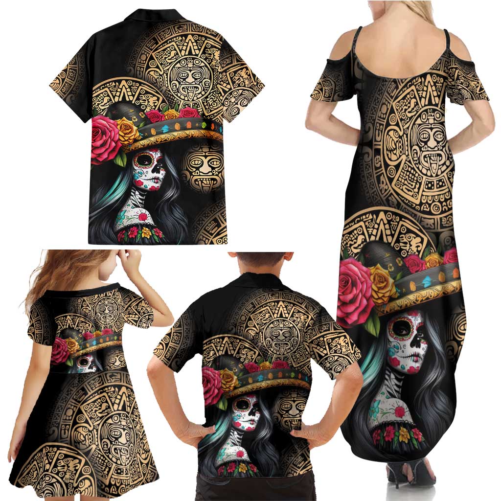 La Calavera Catrina Aztec Circle Family Matching Summer Maxi Dress and Hawaiian Shirt Dia de Muertos - Wonder Print Shop