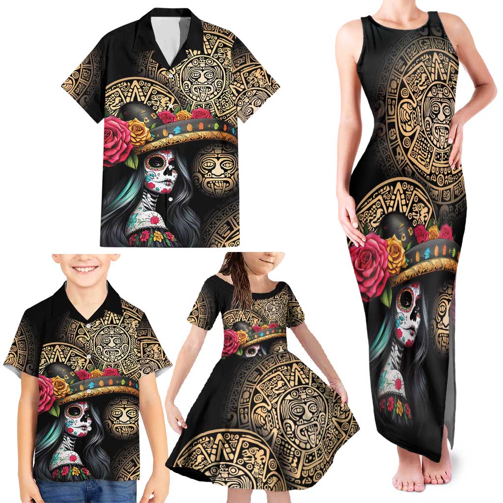La Calavera Catrina Aztec Circle Family Matching Tank Maxi Dress and Hawaiian Shirt Dia de Muertos - Wonder Print Shop