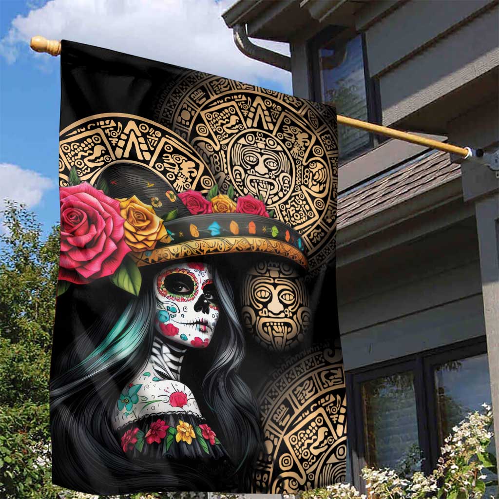 La Calavera Catrina Aztec Circle Garden Flag Dia de Muertos - Wonder Print Shop