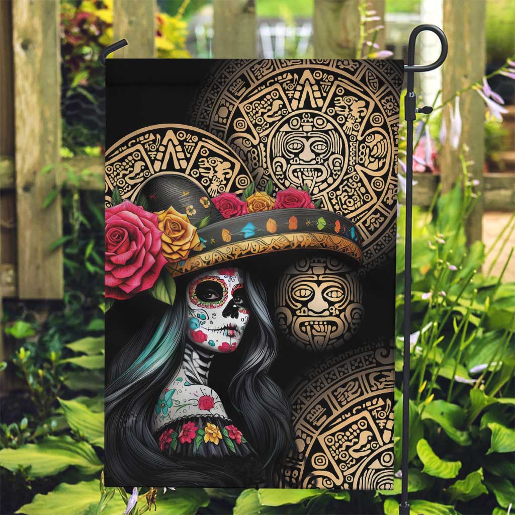 La Calavera Catrina Aztec Circle Garden Flag Dia de Muertos - Wonder Print Shop