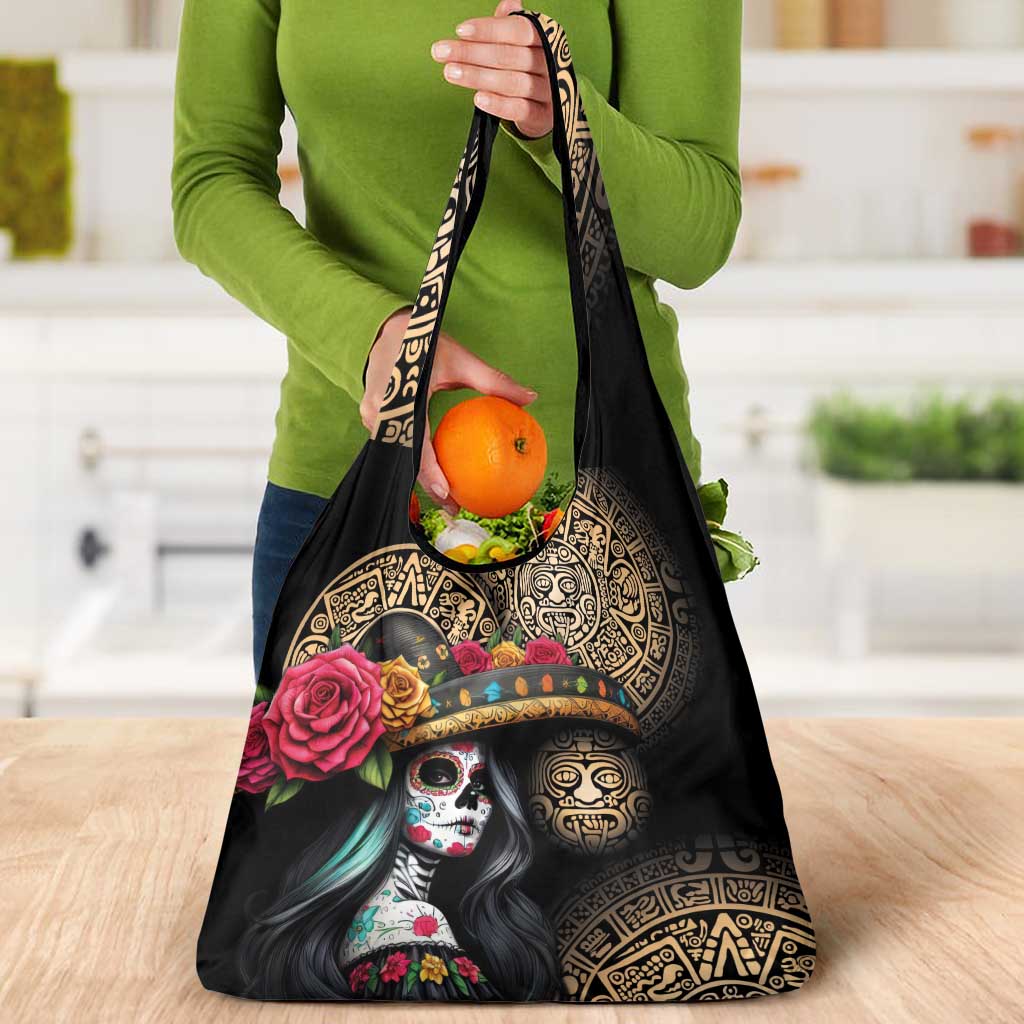 La Calavera Catrina Aztec Circle Grocery Bag Dia de Muertos