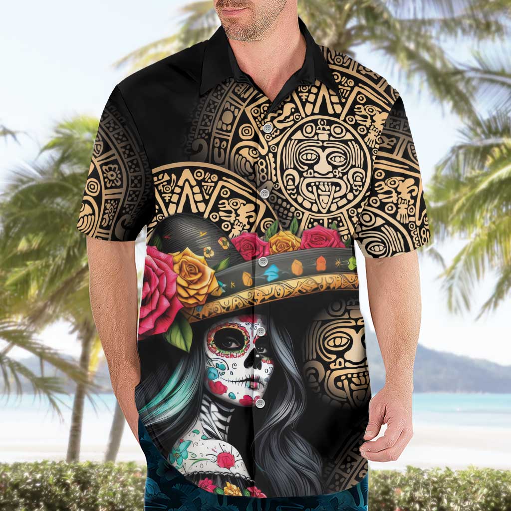 La Calavera Catrina Aztec Circle Hawaiian Shirt Dia de Muertos - Wonder Print Shop