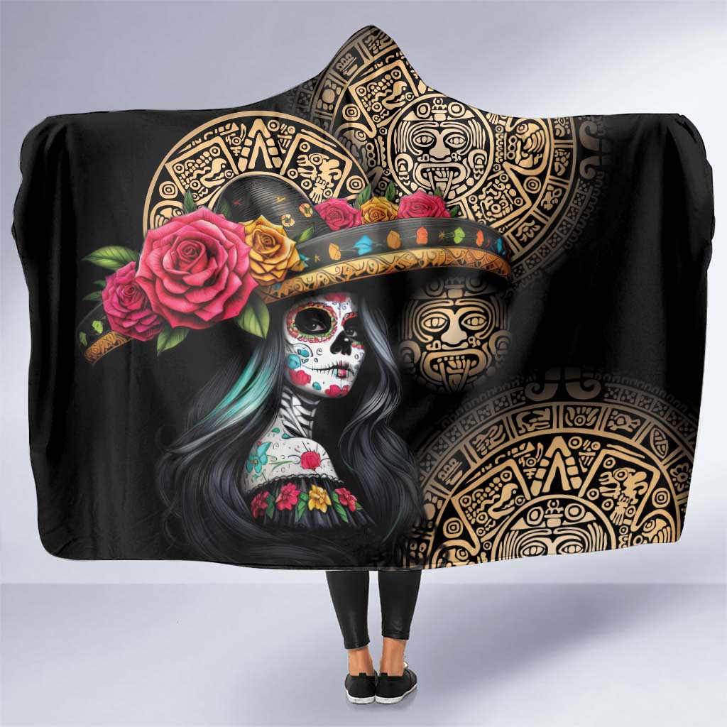 La Calavera Catrina Aztec Circle Hooded Blanket Dia de Muertos