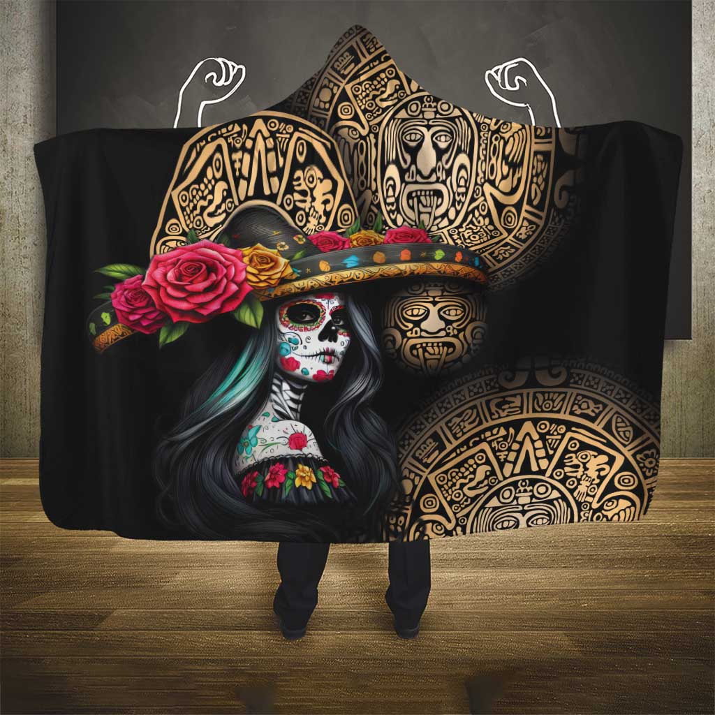 La Calavera Catrina Aztec Circle Hooded Blanket Dia de Muertos