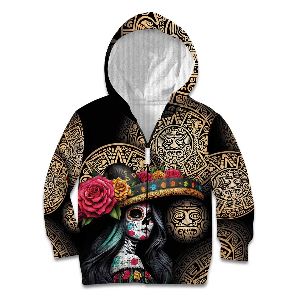 La Calavera Catrina Aztec Circle Kid Hoodie Dia de Muertos - Wonder Print Shop