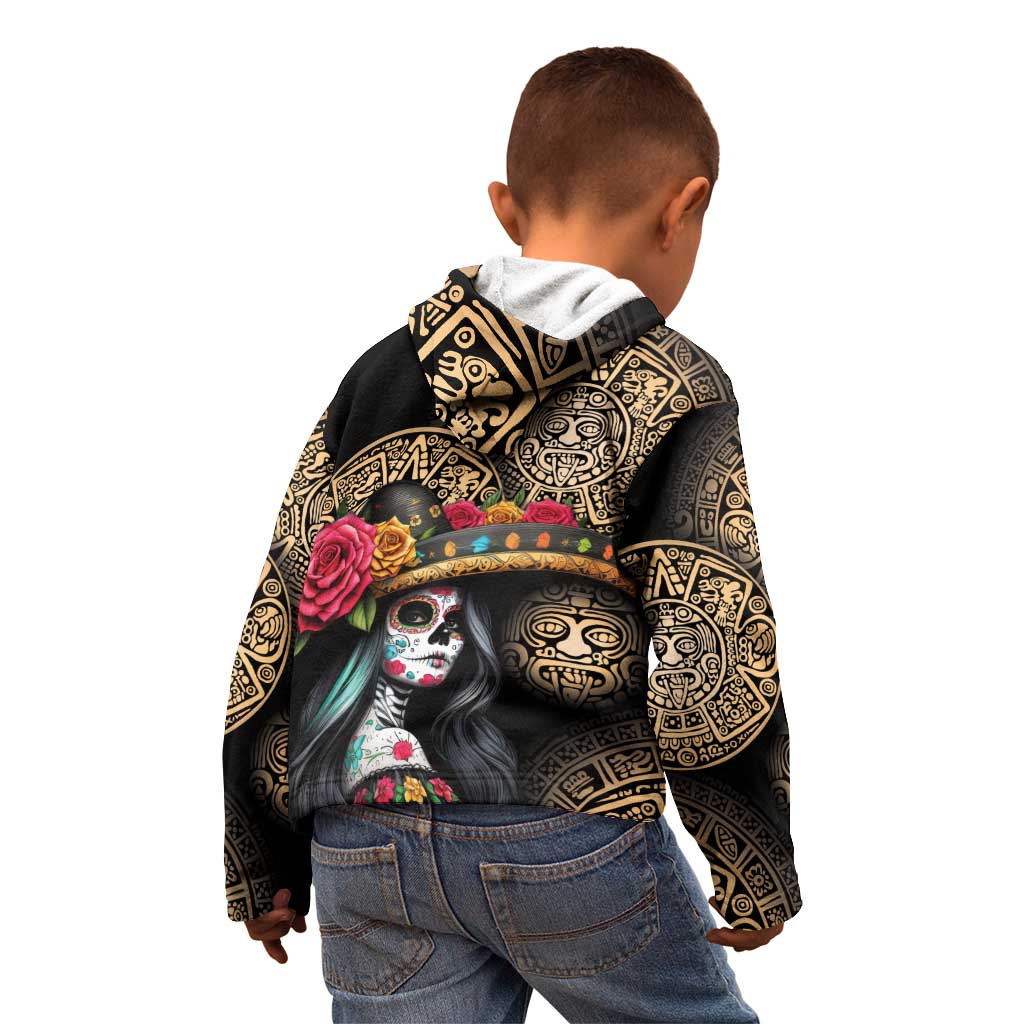 La Calavera Catrina Aztec Circle Kid Hoodie Dia de Muertos - Wonder Print Shop