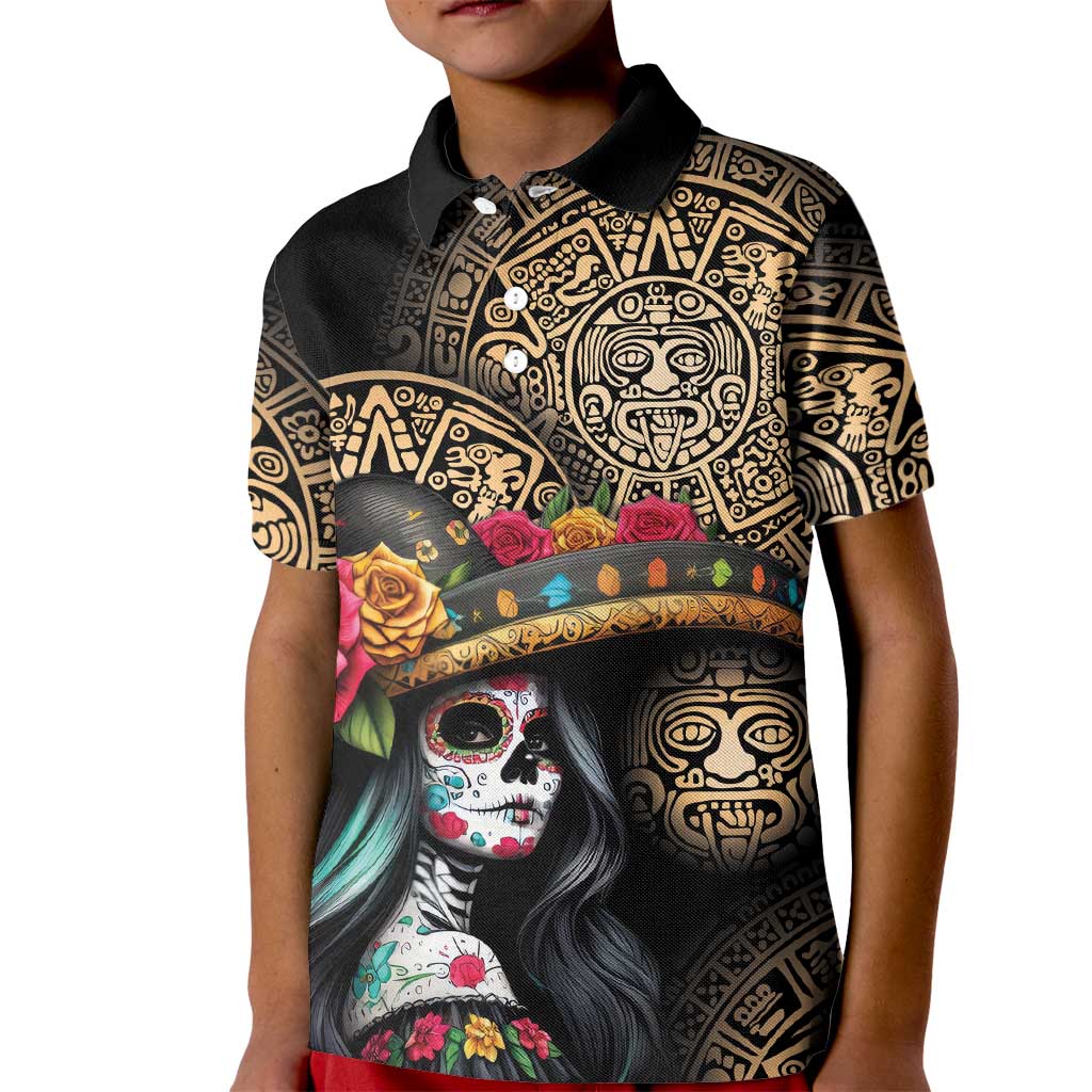 La Calavera Catrina Aztec Circle Kid Polo Shirt Dia de Muertos - Wonder Print Shop
