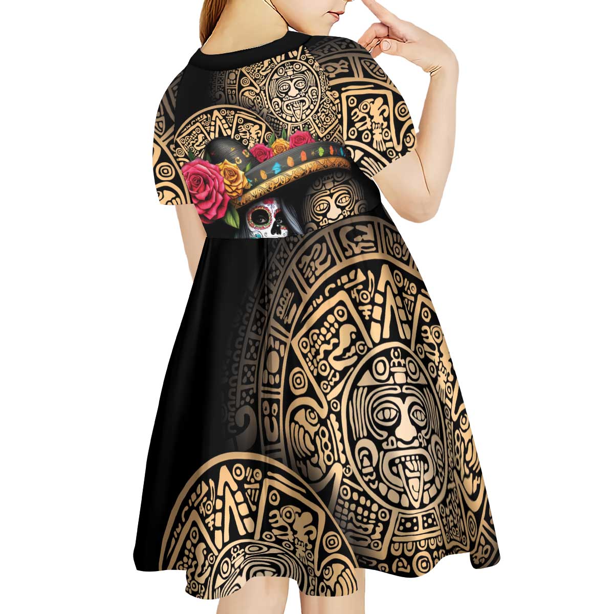 La Calavera Catrina Aztec Circle Kid Short Sleeve Dress Dia de Muertos - Wonder Print Shop