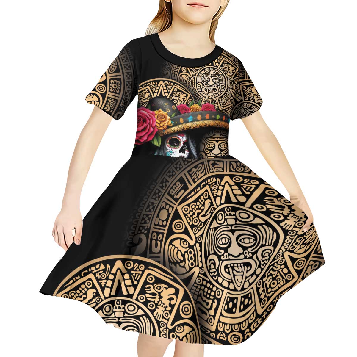 La Calavera Catrina Aztec Circle Kid Short Sleeve Dress Dia de Muertos - Wonder Print Shop