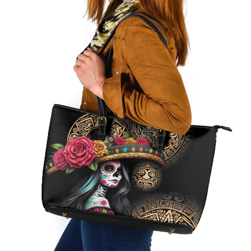 La Calavera Catrina Aztec Circle Leather Tote Bag Dia de Muertos - Wonder Print Shop