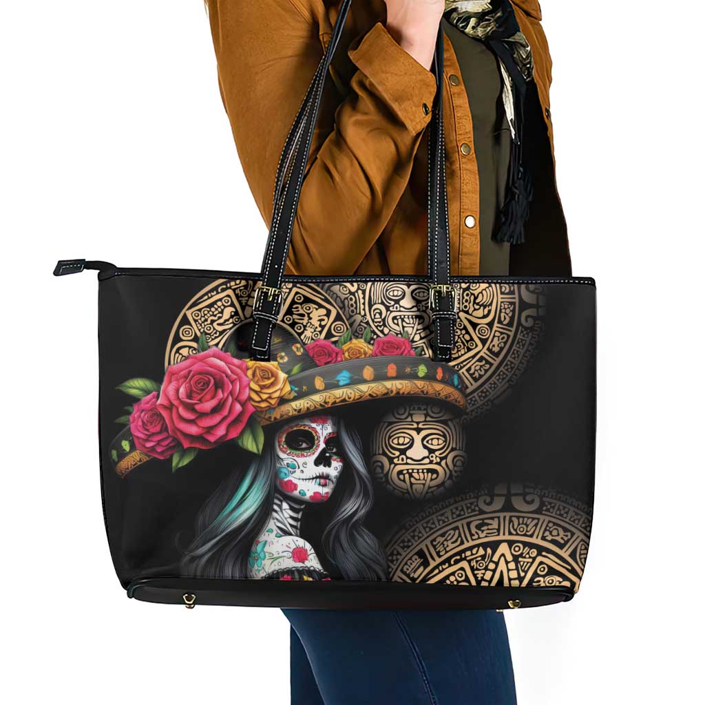 La Calavera Catrina Aztec Circle Leather Tote Bag Dia de Muertos - Wonder Print Shop