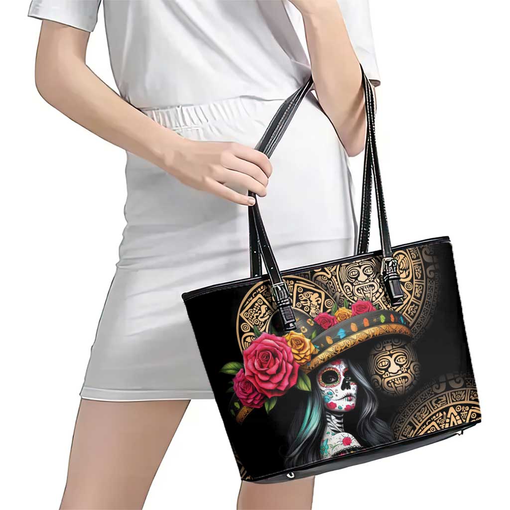 La Calavera Catrina Aztec Circle Leather Tote Bag Dia de Muertos - Wonder Print Shop