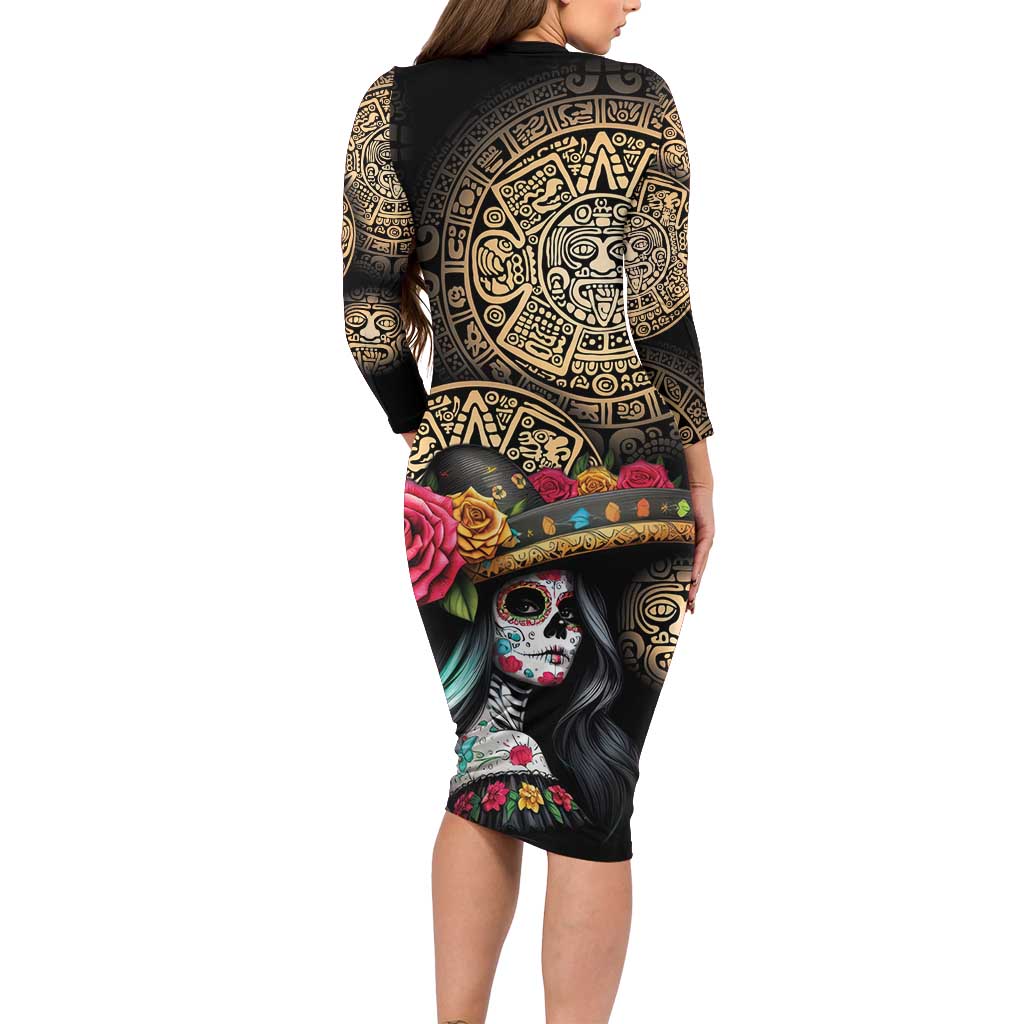 La Calavera Catrina Aztec Circle Long Sleeve Bodycon Dress Dia de Muertos - Wonder Print Shop