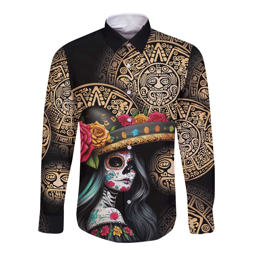 La Calavera Catrina Aztec Circle Long Sleeve Button Shirt Dia de Muertos - Wonder Print Shop
