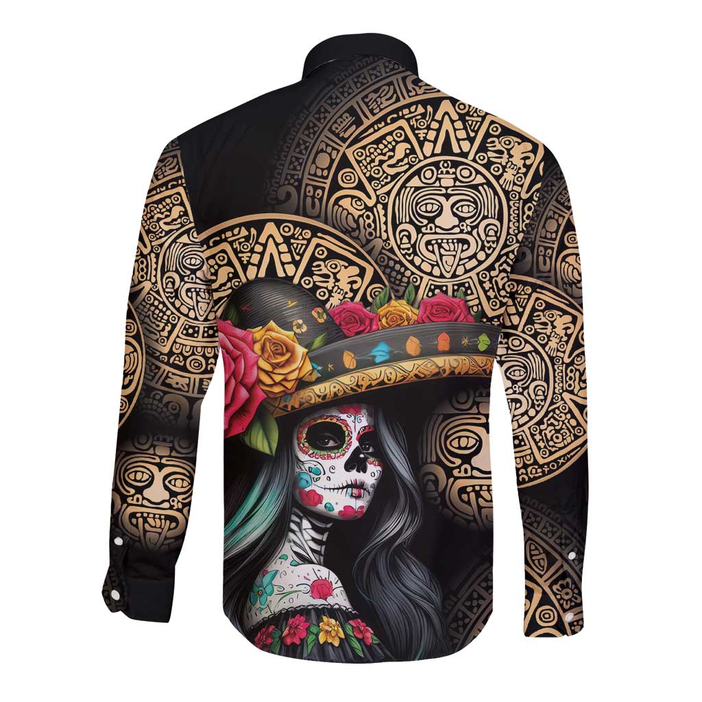 La Calavera Catrina Aztec Circle Long Sleeve Button Shirt Dia de Muertos - Wonder Print Shop