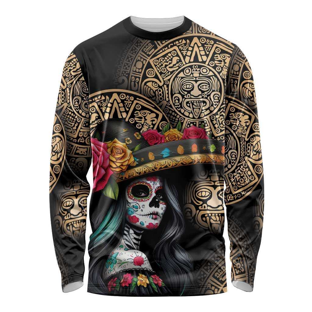 La Calavera Catrina Aztec Circle Long Sleeve Shirt Dia de Muertos - Wonder Print Shop