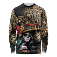 La Calavera Catrina Aztec Circle Long Sleeve Shirt Dia de Muertos - Wonder Print Shop