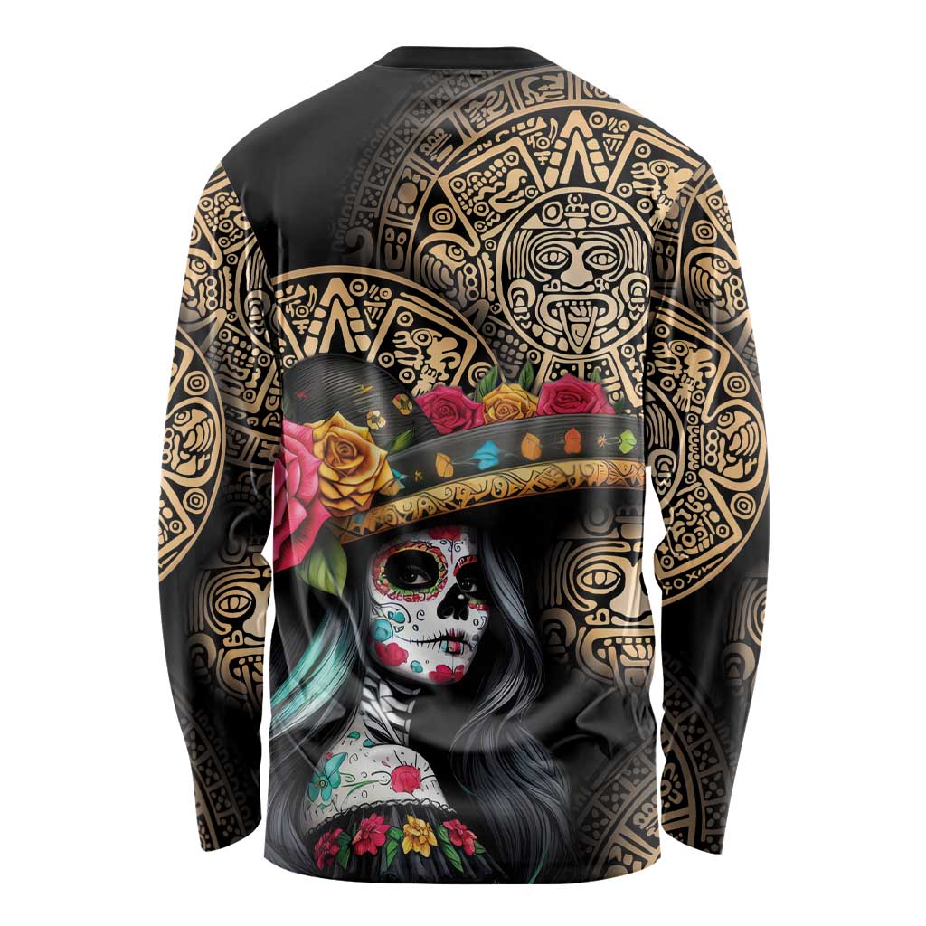 La Calavera Catrina Aztec Circle Long Sleeve Shirt Dia de Muertos - Wonder Print Shop
