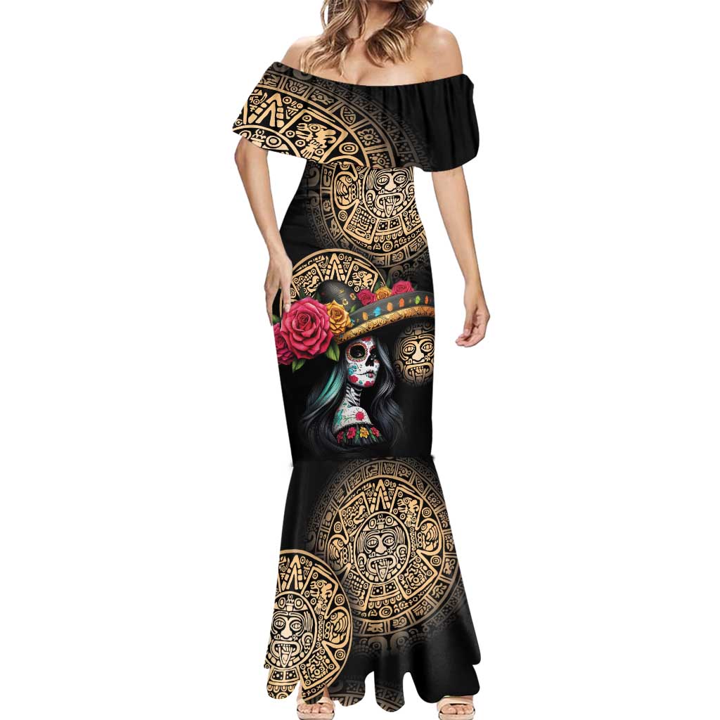La Calavera Catrina Aztec Circle Mermaid Dress Dia de Muertos - Wonder Print Shop
