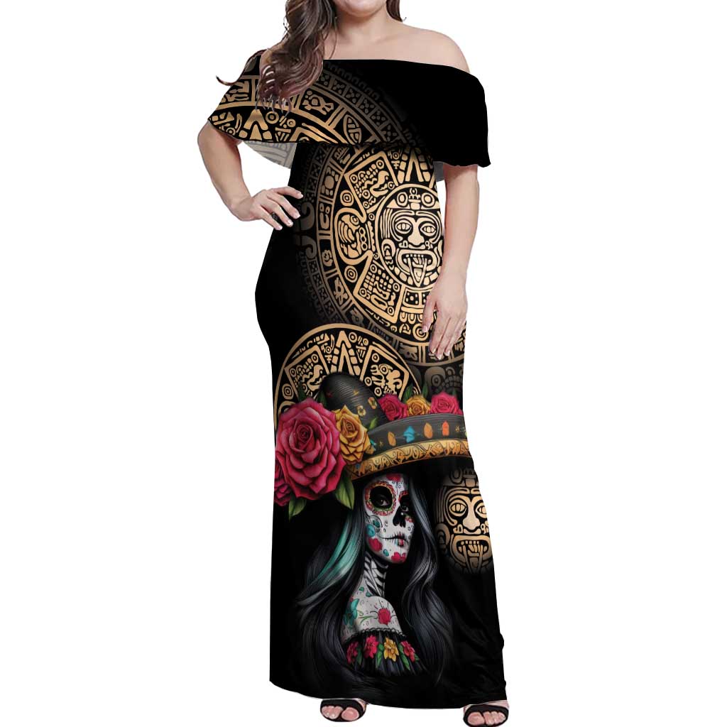 La Calavera Catrina Aztec Circle Off Shoulder Maxi Dress Dia de Muertos - Wonder Print Shop