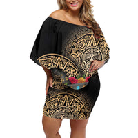 La Calavera Catrina Aztec Circle Off Shoulder Short Dress Dia de Muertos - Wonder Print Shop