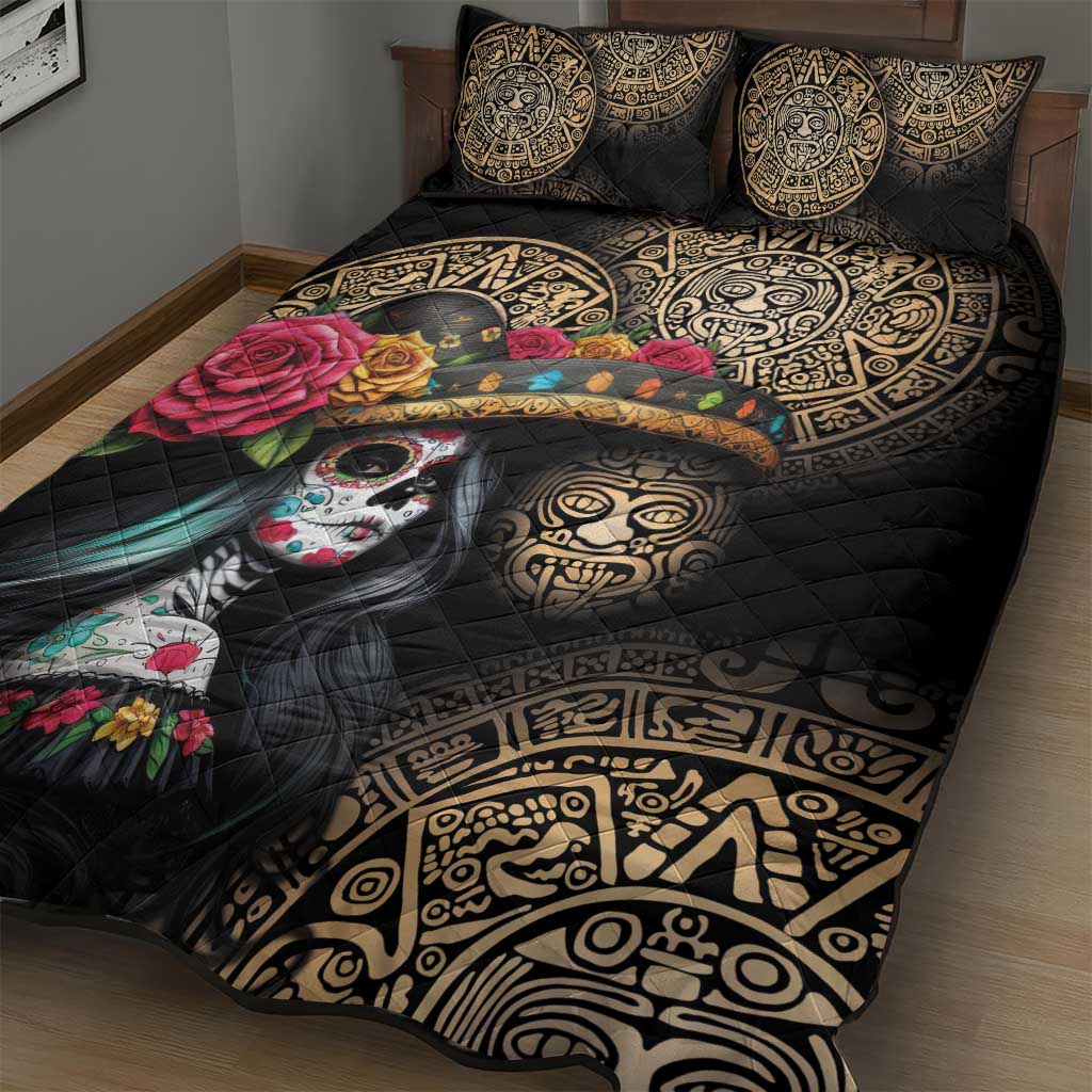 La Calavera Catrina Aztec Circle Quilt Bed Set Dia de Muertos - Wonder Print Shop