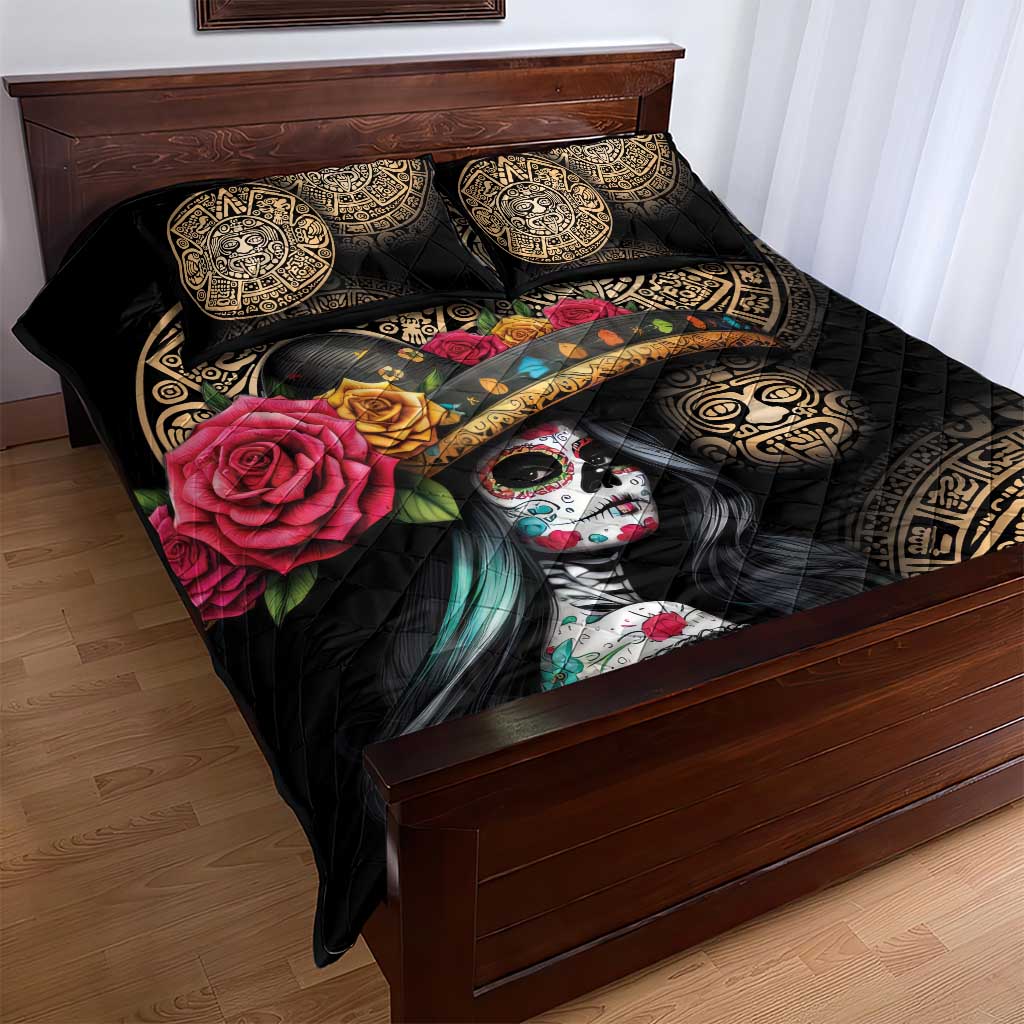 La Calavera Catrina Aztec Circle Quilt Bed Set Dia de Muertos - Wonder Print Shop