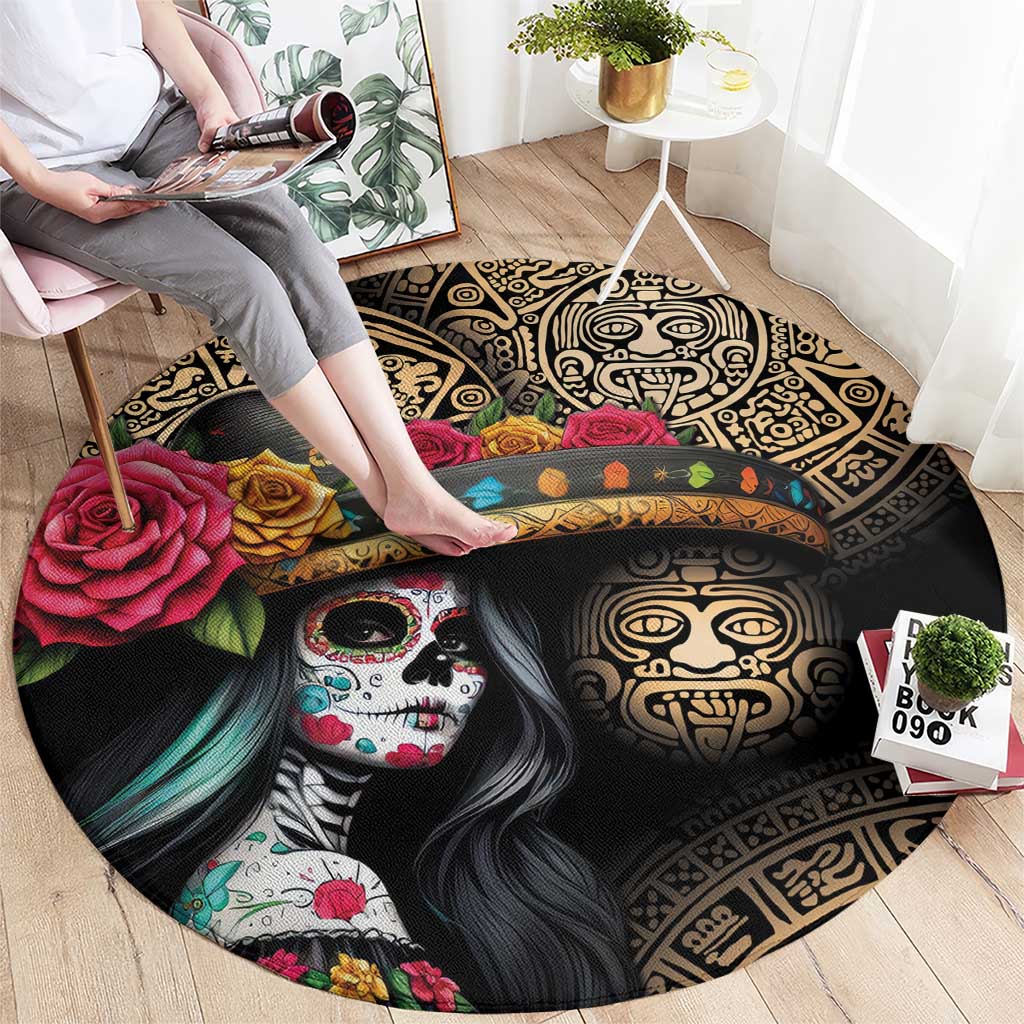 La Calavera Catrina Aztec Circle Round Carpet Dia de Muertos