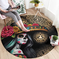 La Calavera Catrina Aztec Circle Round Carpet Dia de Muertos