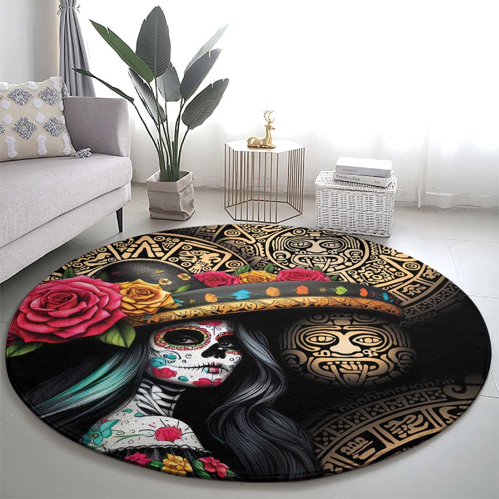 La Calavera Catrina Aztec Circle Round Carpet Dia de Muertos